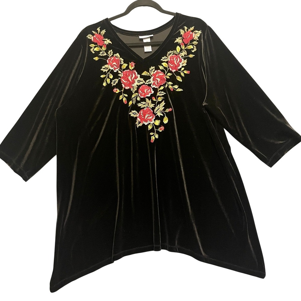 Catherines Womens 1X 18/20W Black Velvet‎ Floral Embroidered V-Neck Tunic Top